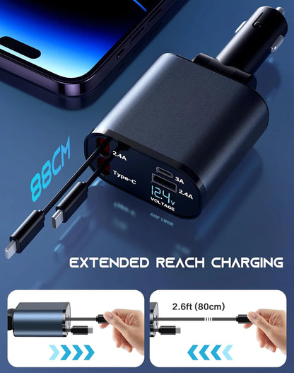 Retractable Car Charger 4 in 1 Fast Car Phone Charger 120W