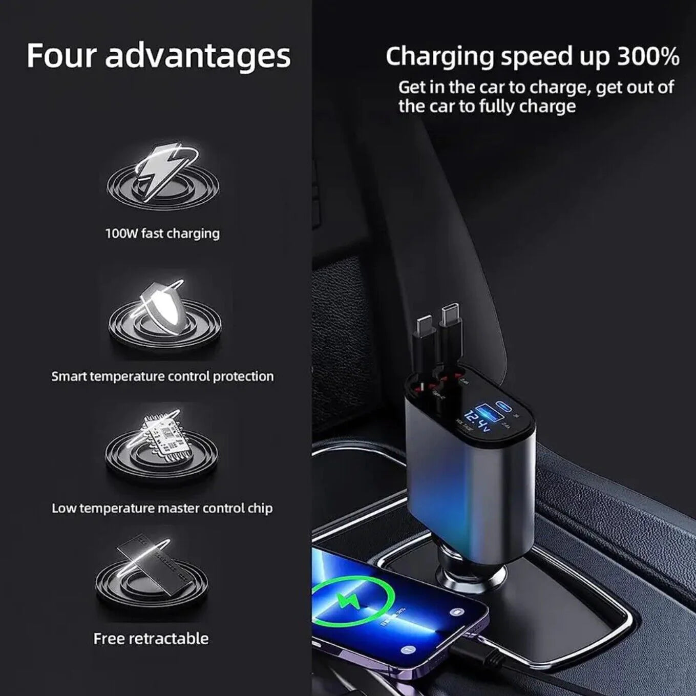 Retractable Car Charger 4 in 1 Fast Car Phone Charger 120W